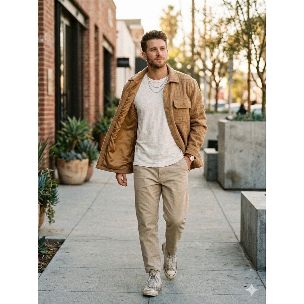 General Admission Wool Shirt Jacket Shacket Camel Tan Grid Texture Men's Large